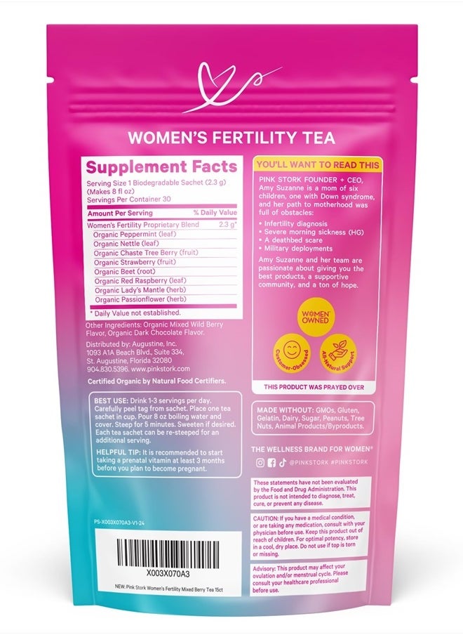 Organic Fertility Tea for Women with Chaste Tree Berries (Vitex) to Support Conception for Her - Hormone Balance with Mint and Red Raspberry Leaf, 15 Sachets