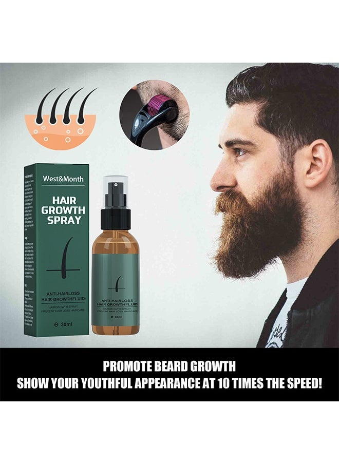 Hair Growth Spray,Beard Growth Spray Set for Men Nourishing Moisturizing Moustache Growth Enhancer Anti Hair Loss Care Serum with Beard Roller 30ml