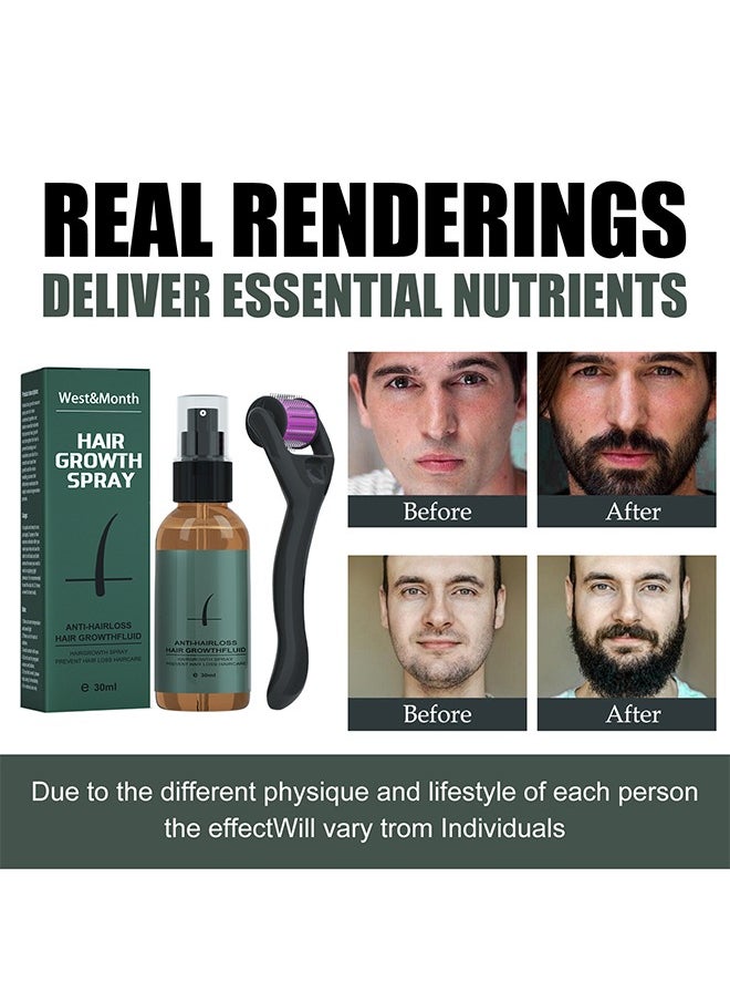 Hair Growth Spray,Beard Growth Spray Set for Men Nourishing Moisturizing Moustache Growth Enhancer Anti Hair Loss Care Serum with Beard Roller 30ml