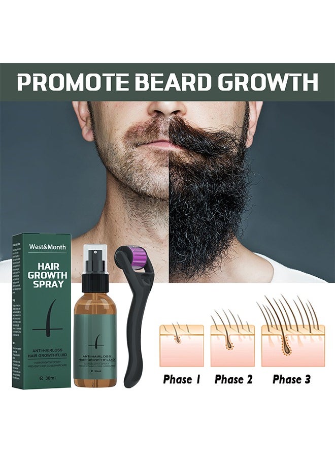 Hair Growth Spray,Beard Growth Spray Set for Men Nourishing Moisturizing Moustache Growth Enhancer Anti Hair Loss Care Serum with Beard Roller 30ml