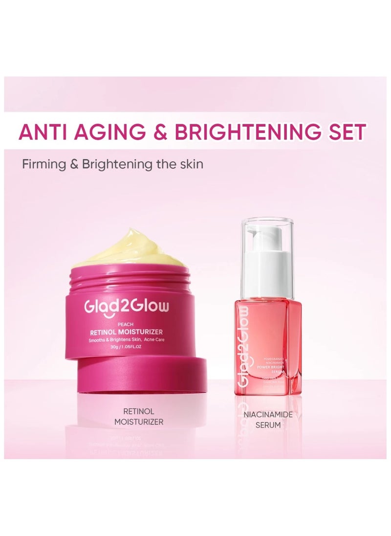 Glad2Glow Complete Set: Retinol Day and Night Moisturizer 30g with Pomegranate Niacinamide Brightening Serum 17ml - Anti-Aging and Skin Brightening