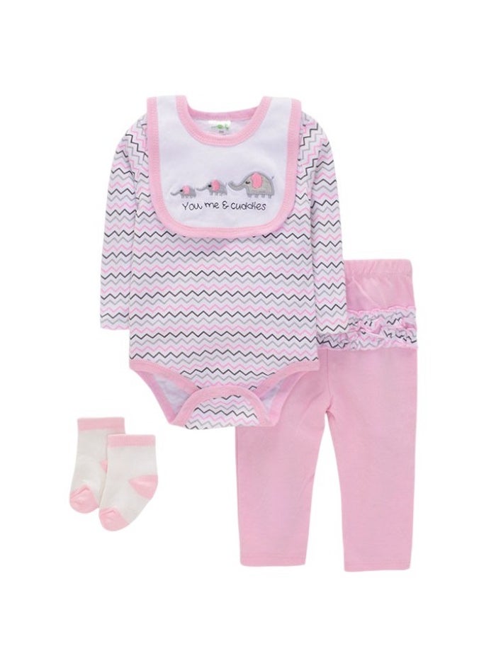 Bambimici Little Elephant Print Long Sleeve Bodysuit with Pyjama - Baby Pink