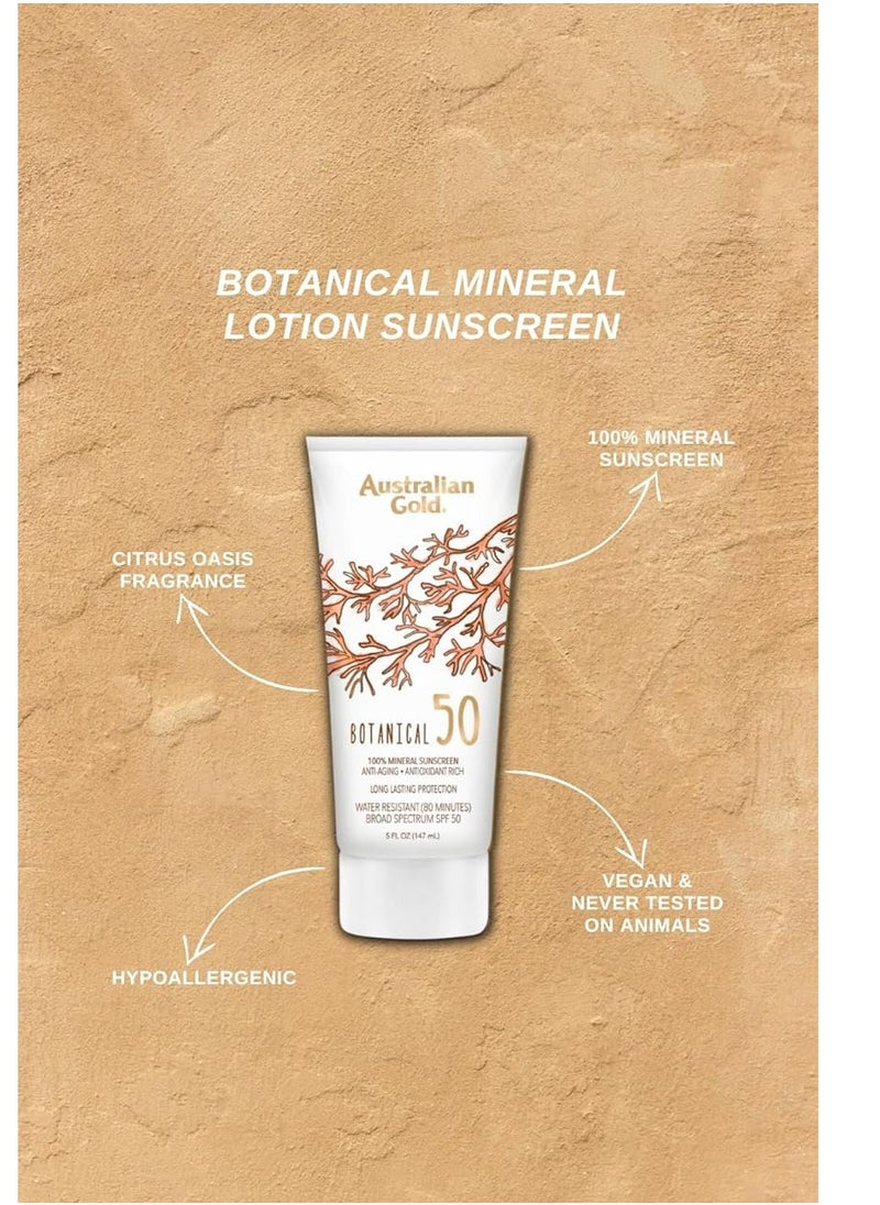 Australian Gold Botanical SPF 50 Mineral Sunscreen Lotion, 5 Ounce, Non-Chemical Sunblock with Titanium Dioxide & Zinc Oxide, Native-Australian Ingredients, Water-Resistant, Citrus Oasis Scent