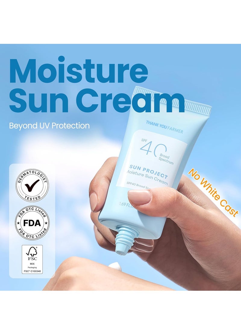 THANKYOU FARMER Sun Project Moisture Sun Cream SPF 40 - Korean Facial Sunscreen with Panthenol - Fragrange Free, Broad Spectrum, Dermatologist Tested, Moisturizing, No White Cast 1.69 fl oz