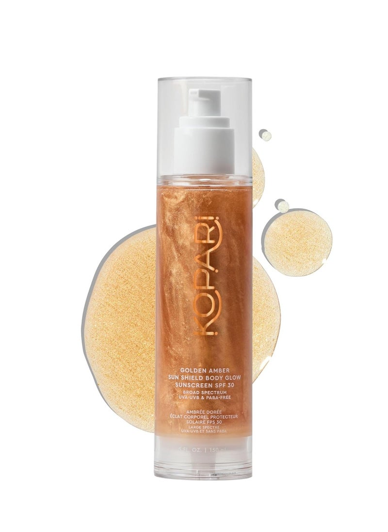 Kopari Sun Shield Body Glow, Broad Spectrum SPF 30, Lightweight Shimmering Gel Texture Absorbs Quickly, Non Sticky, Glowing Results, Golden Amber 5 oz