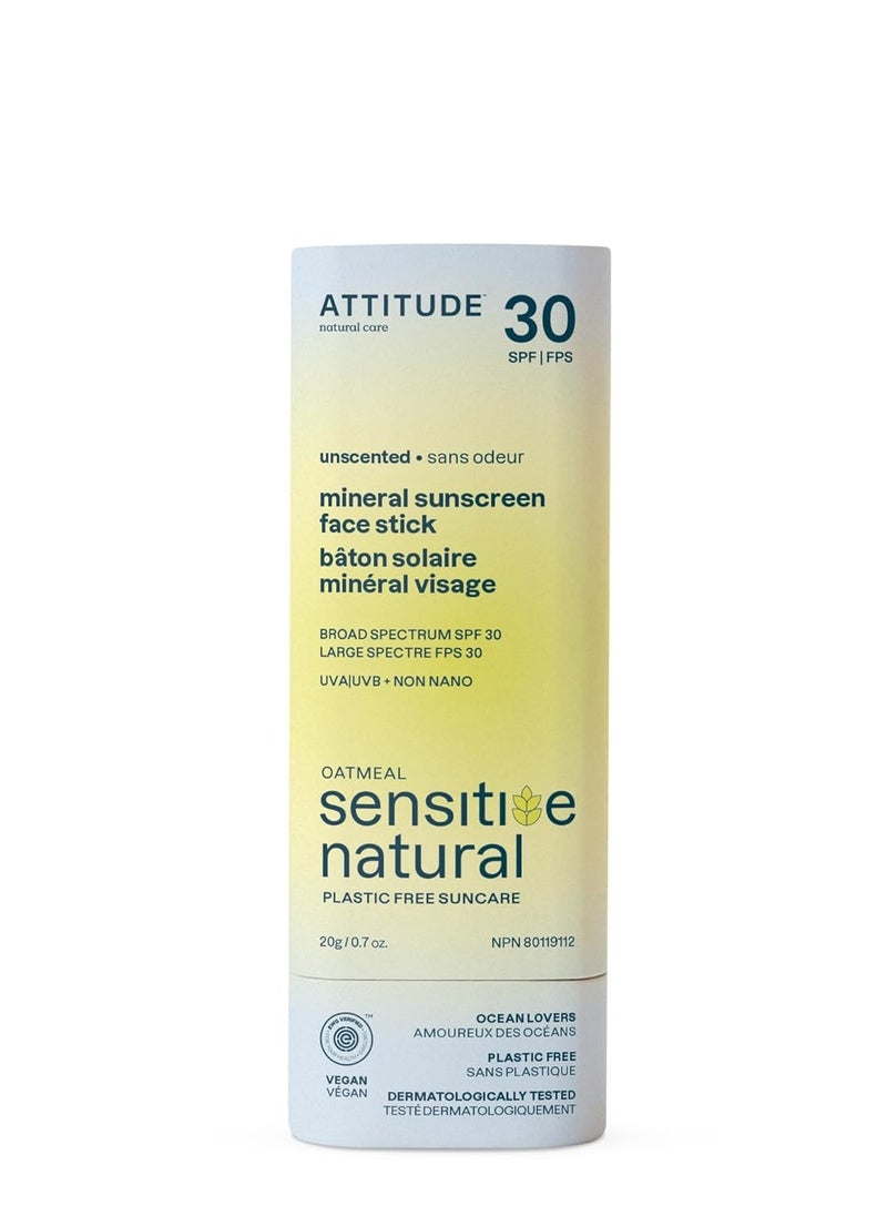 ATTITUDE Mineral Sunscreen Face Stick for Sensitive Skin, SPF 30, EWG Verified, Plastic-Free, Broad Spectrum UVA/UVB Protection with Zinc Oxide, Dermatologically Tested, Vegan, Unscented, 0.7 Ounce