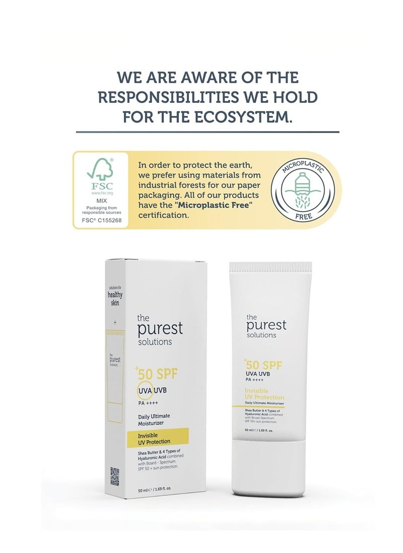 The Purest Solutions Invisible UV Protection (Daily Intensive Moisturizer SPF 50+) - Hyaluronic Acid & Shea Butter for Daily Hydration - Sunscreen - Anti-Aging Care - All Skin Types (1.69 fl. oz)