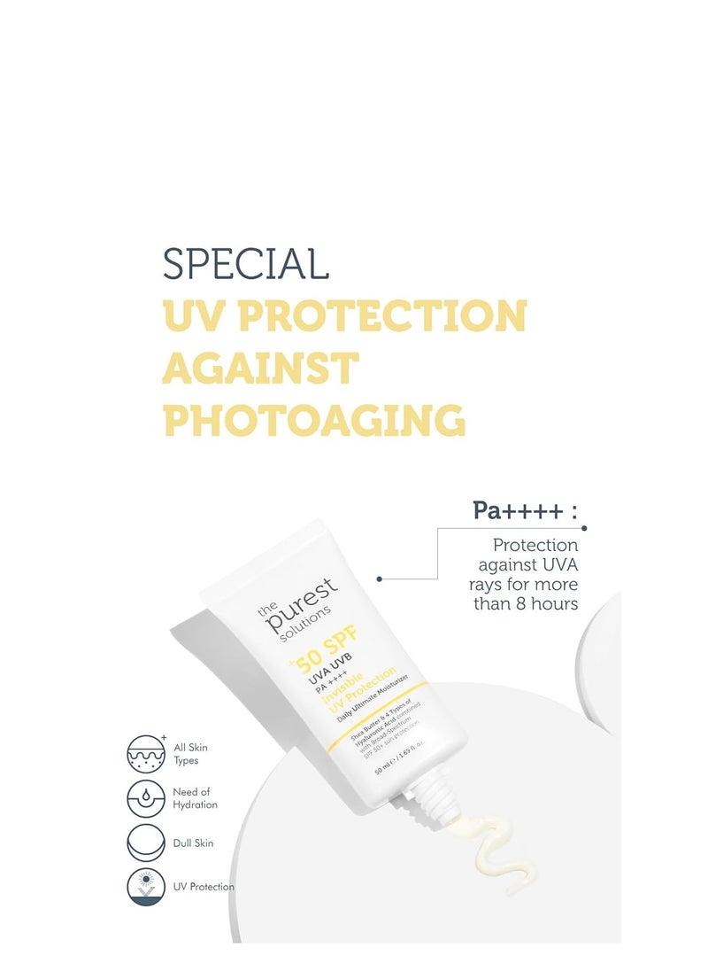 The Purest Solutions Invisible UV Protection (Daily Intensive Moisturizer SPF 50+) - Hyaluronic Acid & Shea Butter for Daily Hydration - Sunscreen - Anti-Aging Care - All Skin Types (1.69 fl. oz)