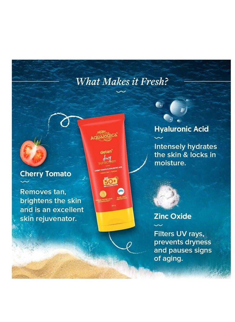 Detan+ Dewy Face Sunscreen with SPF 50+ & PA++++ | Blue Light Protection & No White Cast | Fights Sun Damage with Cherry Tomato & Hyaluronic Acid | 2.82 Oz/80g