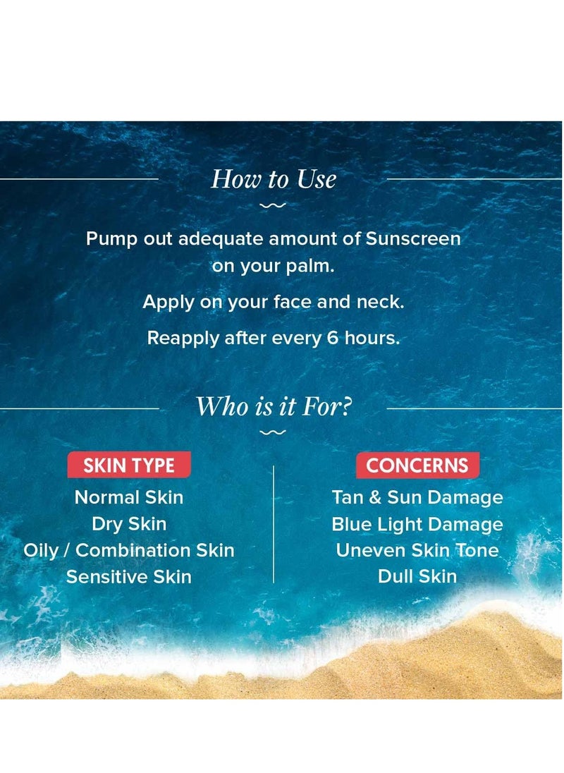 Detan+ Dewy Face Sunscreen with SPF 50+ & PA++++ | Blue Light Protection & No White Cast | Fights Sun Damage with Cherry Tomato & Hyaluronic Acid | 2.82 Oz/80g