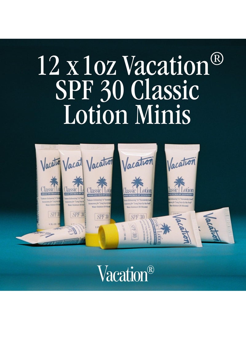 Vacation Mini Classic Sunscreen SPF 30, Water-Resistant, Bulk Suntan Lotion, Bachelorette Party Favors, Beach Must Haves, Traveling Essentials, Travel Size, 1 Fl. Oz. (Value Pack of 12)