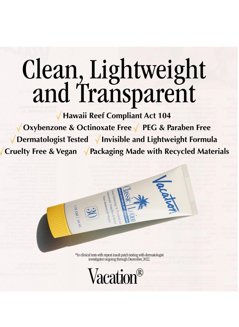 Vacation Mini Classic Sunscreen SPF 30, Water-Resistant, Bulk Suntan Lotion, Bachelorette Party Favors, Beach Must Haves, Traveling Essentials, Travel Size, 1 Fl. Oz. (Value Pack of 12)