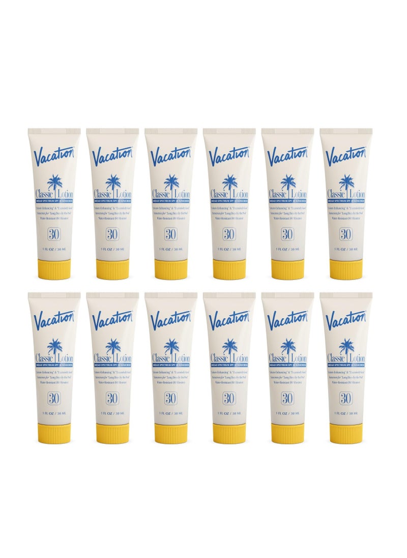 Vacation Mini Classic Sunscreen SPF 30, Water-Resistant, Bulk Suntan Lotion, Bachelorette Party Favors, Beach Must Haves, Traveling Essentials, Travel Size, 1 Fl. Oz. (Value Pack of 12)