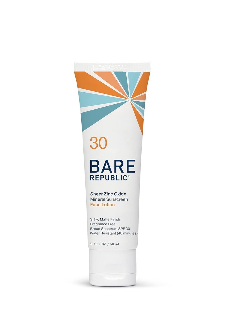 Bare Republic Mineral Matte Sunscreen SPF 30 Sunblock Face Lotion, Sheer and Light Finish, 1.7 Fl Oz