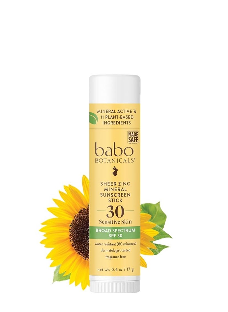 Babo Botanicals Sheer Zinc Mineral Sunscreen Sport Stick SPF30- Natural Zinc Oxide- Shea Butter- Fragrance-Free - Water Resistant - Made Safe Certified