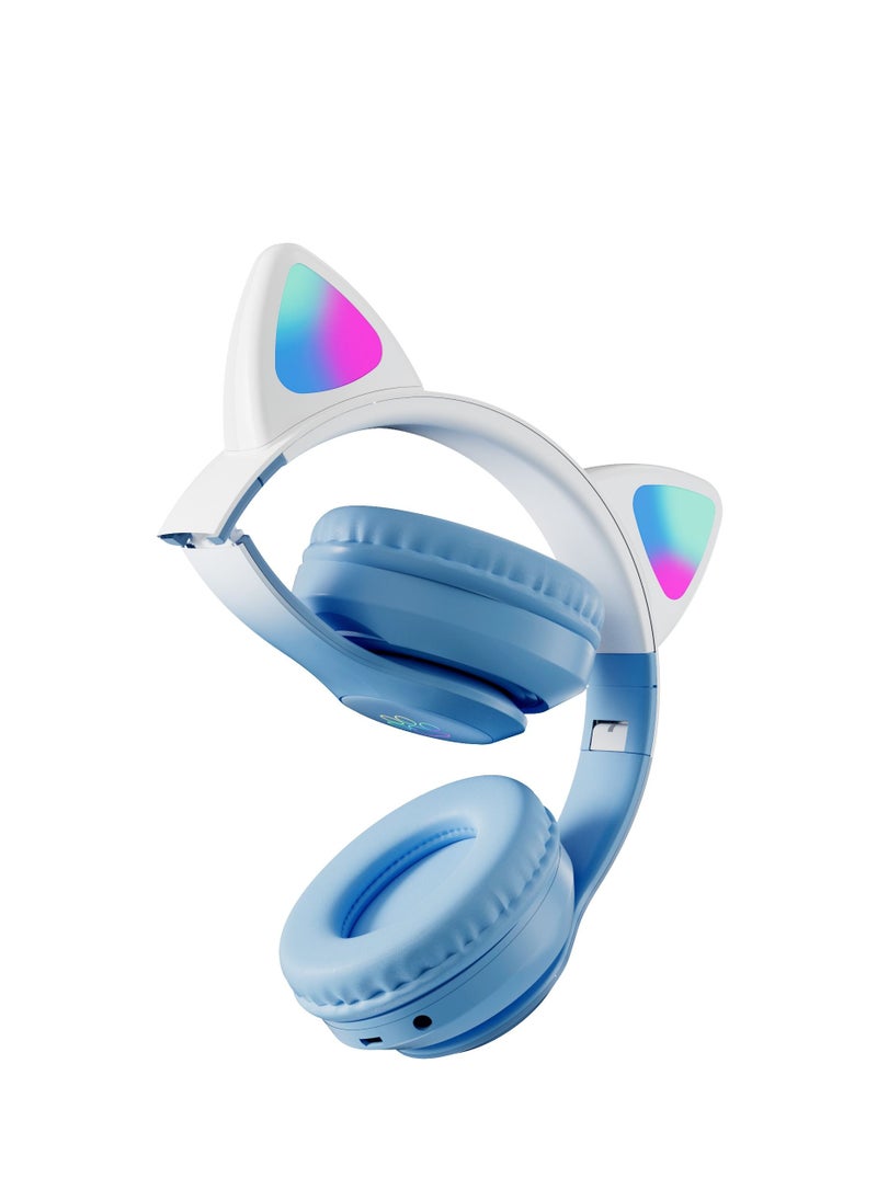 400mah Cat Ear Bluetooth Headset Flashing Light 5.0 Wireless Sports and Leisure Headset Bluetooth Headphones Blue