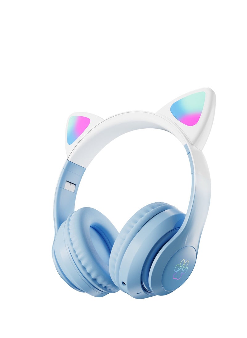 400mah Cat Ear Bluetooth Headset Flashing Light 5.0 Wireless Sports and Leisure Headset Bluetooth Headphones Blue