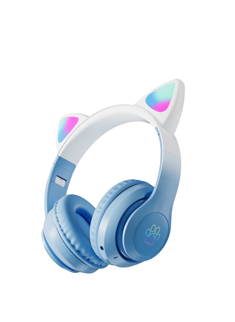 400mah Cat Ear Bluetooth Headset Flashing Light 5.0 Wireless Sports and Leisure Headset Bluetooth Headphones Blue