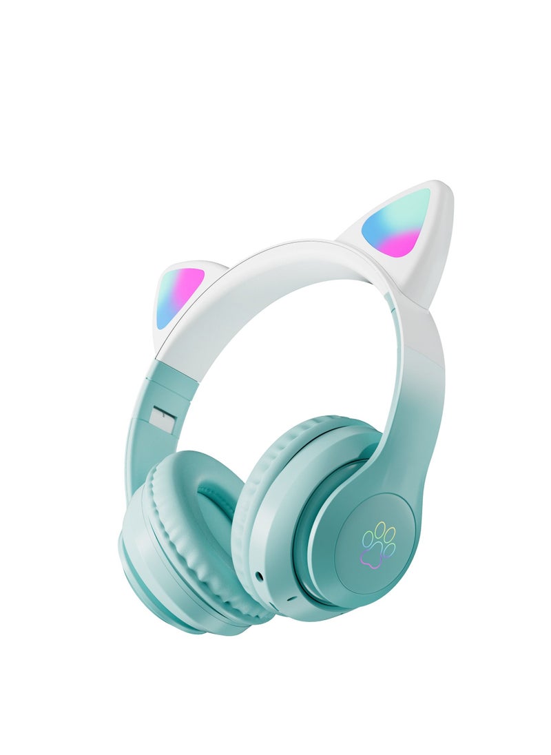 400mah Cat Ear Bluetooth Headset Flashing Light 5.0 Wireless Sports and Leisure Headset Bluetooth Headphones Green