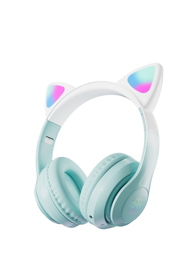 400mah Cat Ear Bluetooth Headset Flashing Light 5.0 Wireless Sports and Leisure Headset Bluetooth Headphones Green