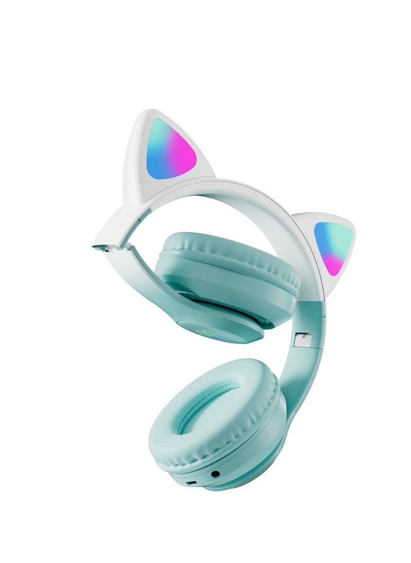 400mah Cat Ear Bluetooth Headset Flashing Light 5.0 Wireless Sports and Leisure Headset Bluetooth Headphones Green