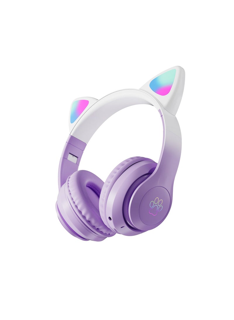 400mah Cat Ear Bluetooth Headset Flashing Light 5.0 Wireless Sports and Leisure Headset Bluetooth Headphones Purple