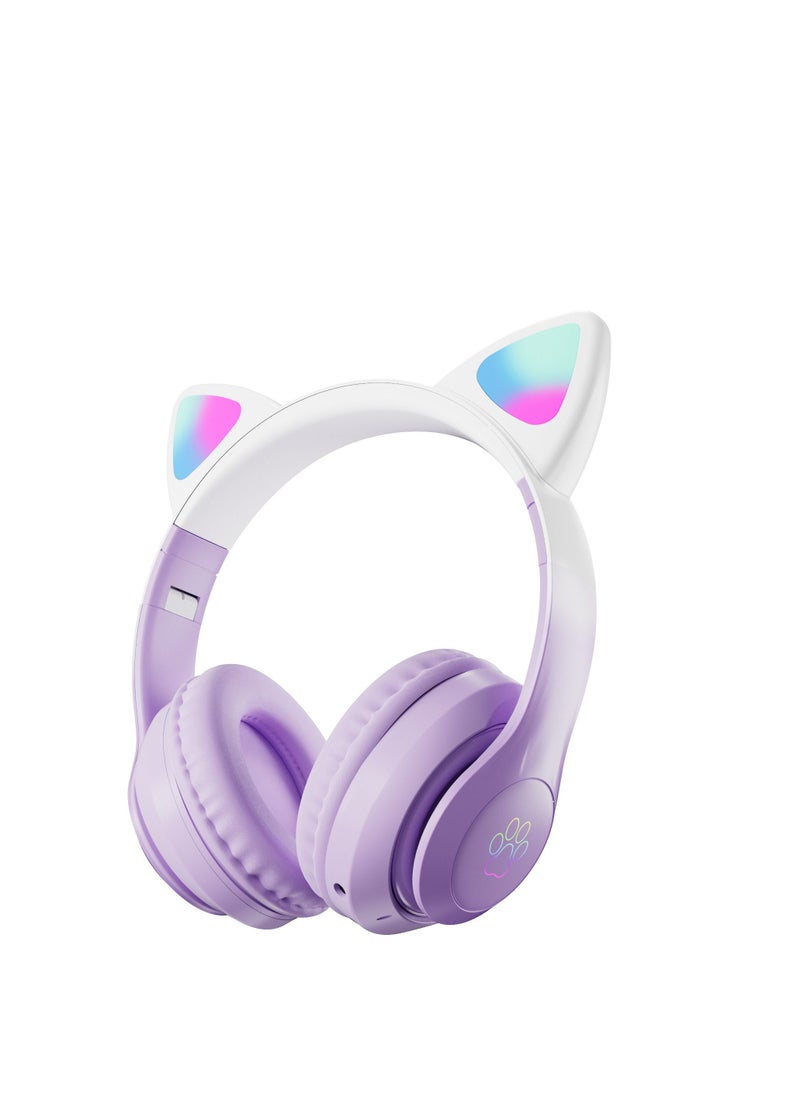 400mah Cat Ear Bluetooth Headset Flashing Light 5.0 Wireless Sports and Leisure Headset Bluetooth Headphones Purple