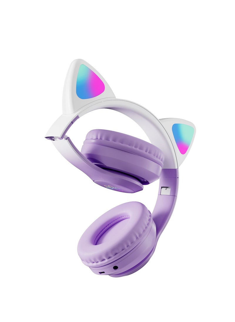 400mah Cat Ear Bluetooth Headset Flashing Light 5.0 Wireless Sports and Leisure Headset Bluetooth Headphones Purple