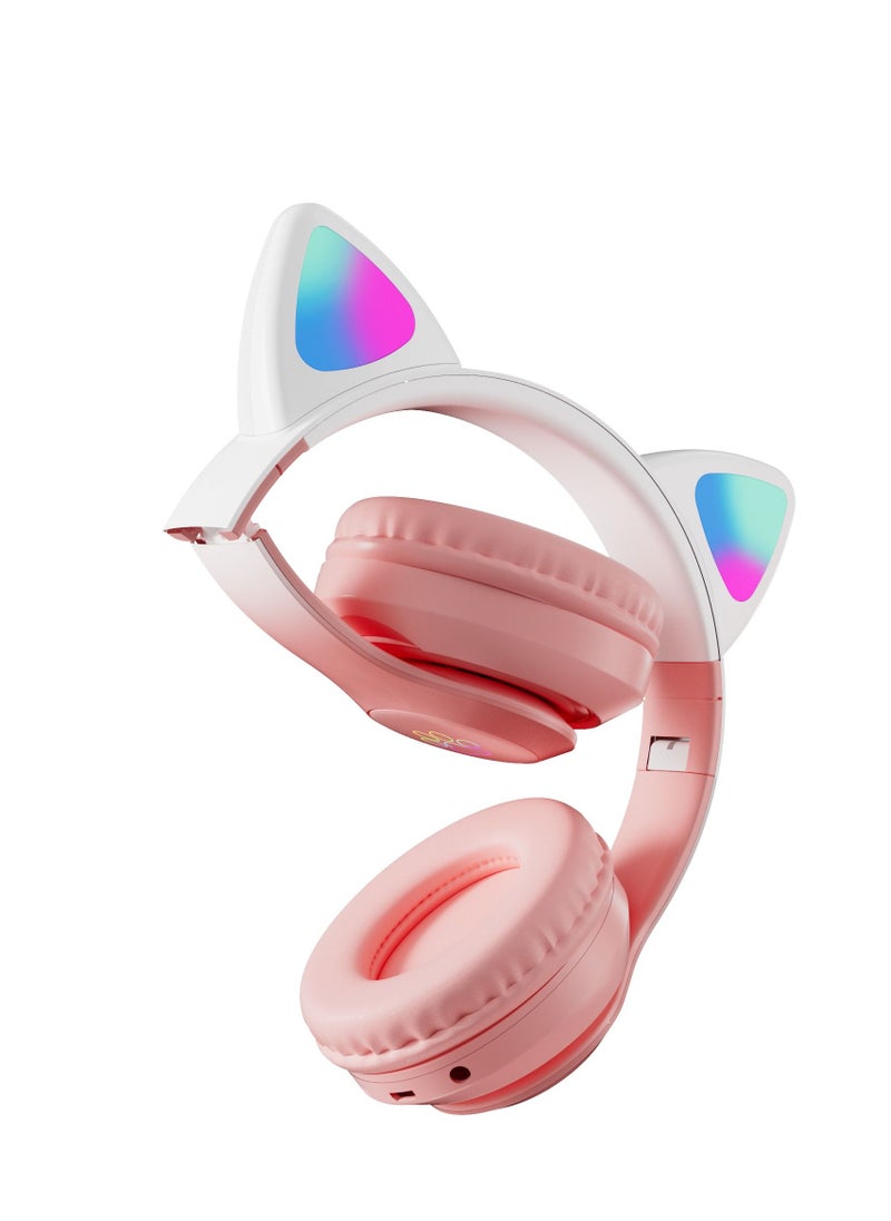 Cat Ear Bluetooth Headset Flashing Light 5.0 Wireless Sports and Leisure Headset Bluetooth Headphones Pink