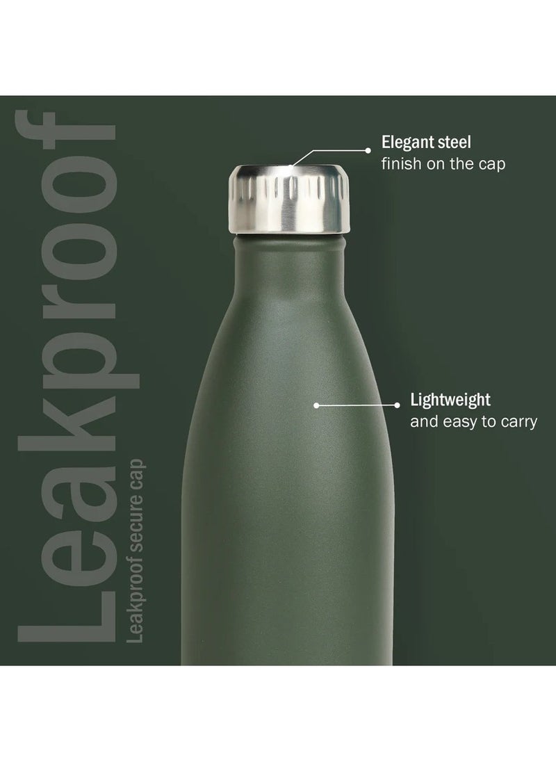 Nue Cola 750ml Green Stainless Steel Water Bottle | Copper Coated Vacuum Insulation | Food Grade Stainless Steel | Powder Coated | Secure Grip | Leakproof Flask | Hot & Cold Thermos Aqua Hydra