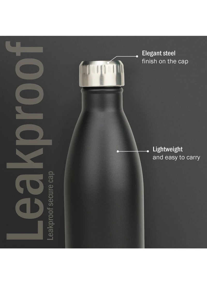 Nue Cola 750ml Black Stainless Steel Water Bottle | Copper Coated Vacuum Insulation | Food Grade Stainless Steel | Powder Coated | Secure Grip | Leakproof Flask | Hot & Cold Thermos Aqua Hydra