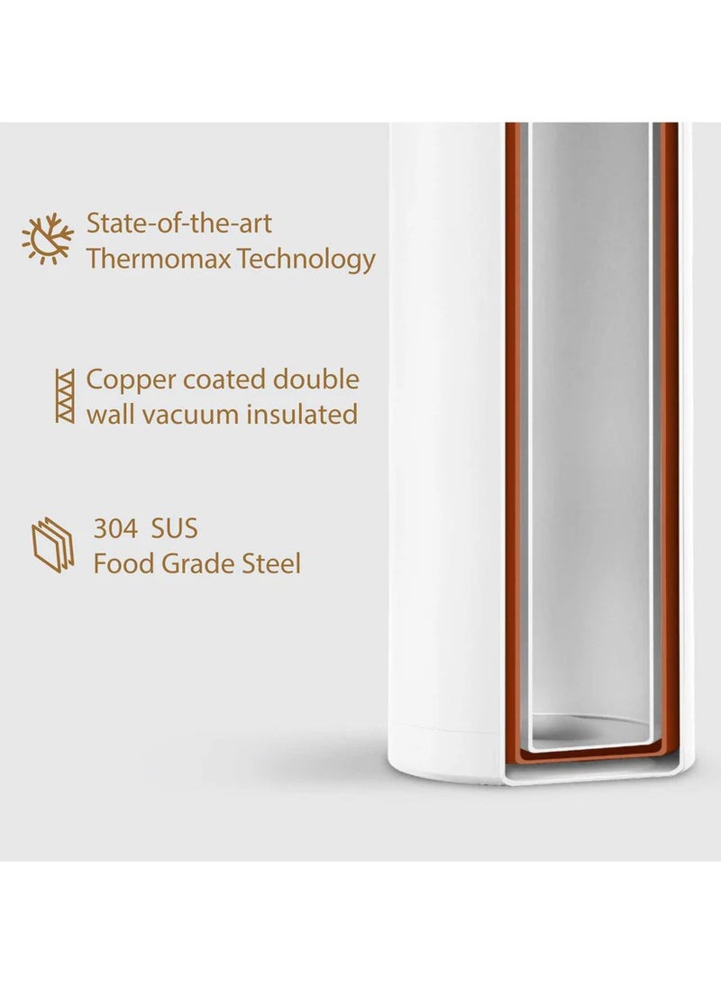 Flare Cola 500ml White Stainless Steel Water Bottle | Copper Coated Vacuum Insulation | Powder Coated | Secure Grip | Leakproof Easy Pour Cap | Hot & Cold Thermos | Aqua Hydro