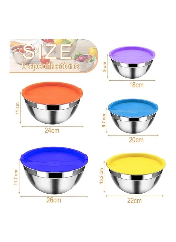 Mixing Bowls with Airtight Plastic Color Lids, 5 Stainless Steel Salad Bowls for Baking Cooking Space Saving Storage Food Prep