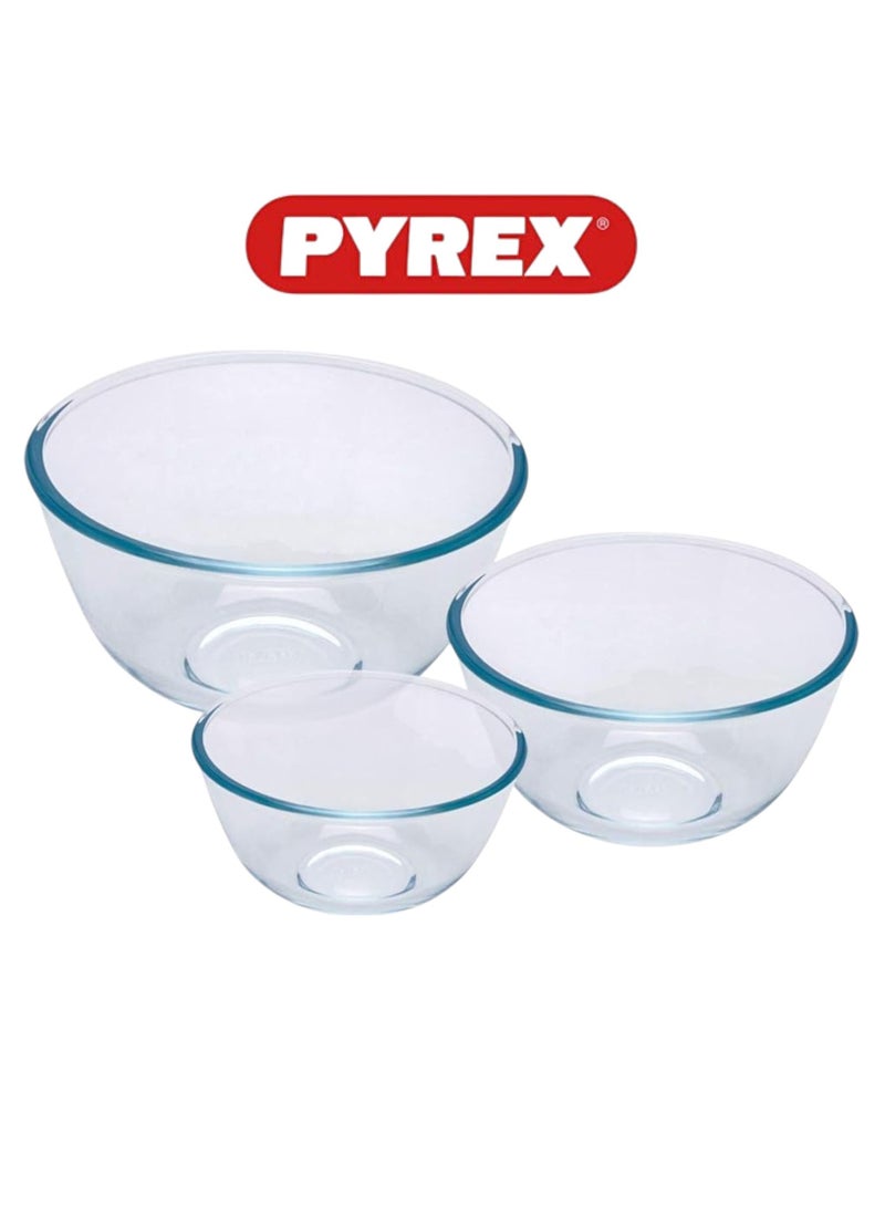 Pyrex Bowl Set of 3, Clear Glass, 2L/1L/0.5L, Heat & Scratch Resistant