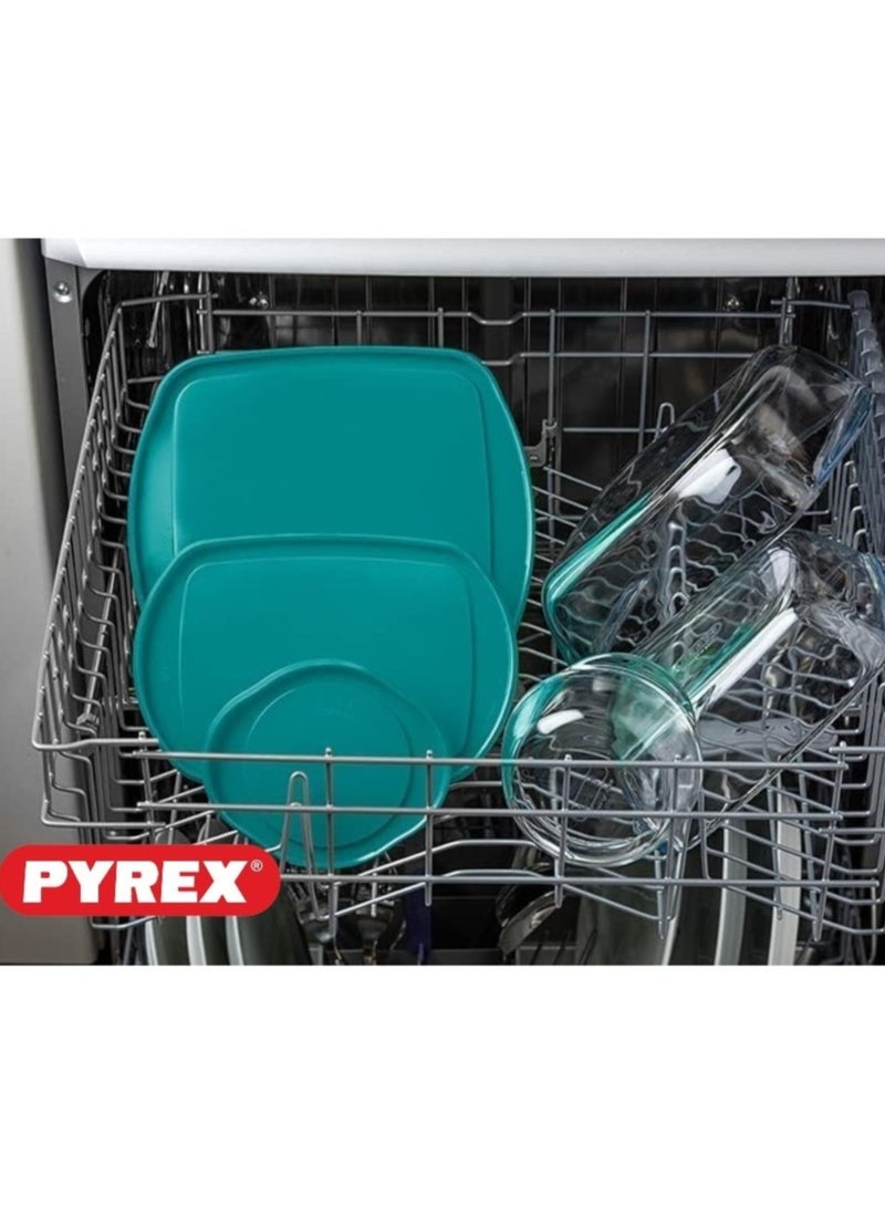 Pyrex Cook & Store Set of 3 Rectangular Dishes with Dark Green Lids - Versatile and Durable Storage Solution