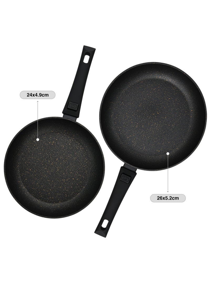 Fissman 2-Piece Non Stick Frying Pan 24cm x 26cm Detachable Handle, Aluminum Ceramic Coating Black Cosmic Series | Induction Bottom | Ergonomic Bakelite Handle | PFOA Free