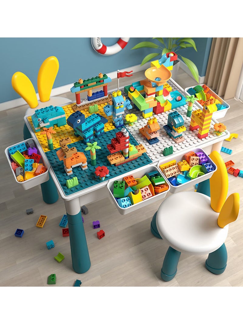 Kids Activity Table Set With 2 Chairs 4 Storage Boxes And 502 Pcs Large Size Blocks Table, Kids Multi-Functional Educational Block Table With Storage, Kids Study Table And Chair