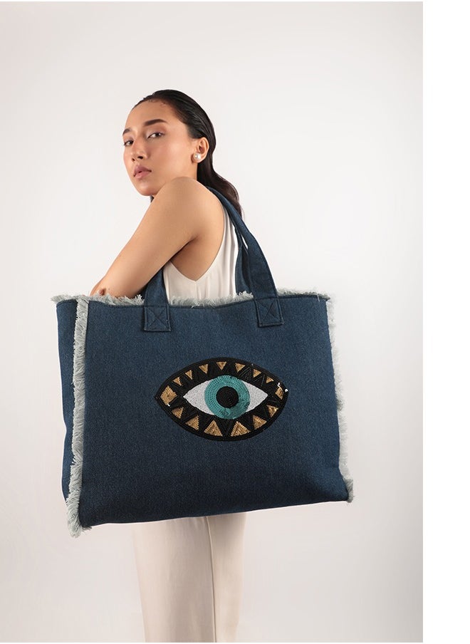 Evil Eye Fringe Tote Bag Denim