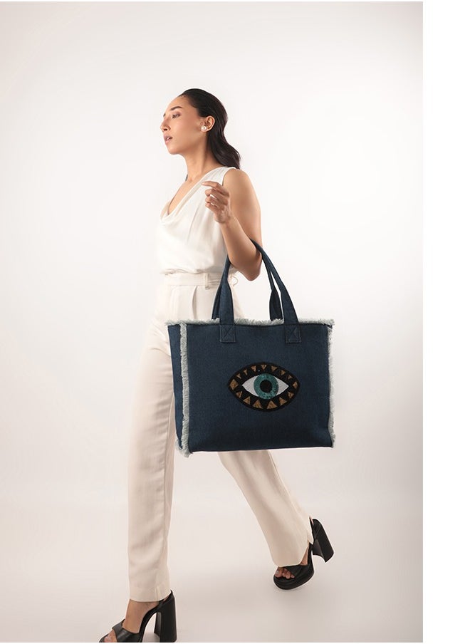 Evil Eye Fringe Tote Bag Denim