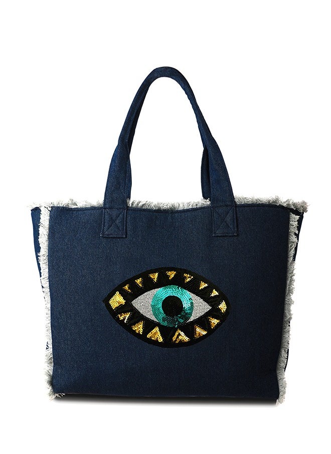 Evil Eye Fringe Tote Bag Denim