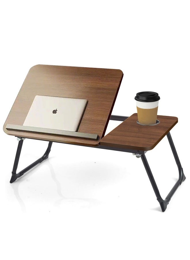 Adjustable Height Laptop Desk - Foldable Bedside Table with Cup Holder, Large & Tall Version | High Quality Black Walnut Color | Reinforced Legs, Adjustable Angles, for Students and Home Use