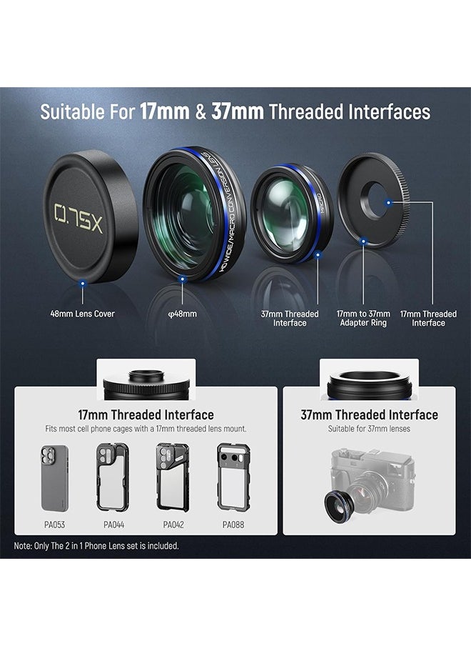 NEEWER 2 in 1 Smartphone Lens Kit, 0.75x Wide Angle 2x Macro Phone Lens Compatible with iPhone Samsung Android Cellphone, Detachable HD Lens with 17mm to 37mm Adapter Ring & Lens Filter Adapter, LS-60