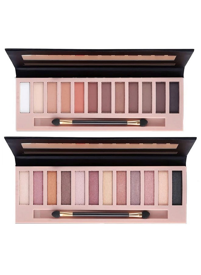 2Pcs Pro 12 Colors Matte + Shimmer Nude Naked Eyeshadow Palette Natural Velvet Texture Pigmented Blendable Diamond Smokey Eye Shadow Pallet Kit With Brush (Natural)