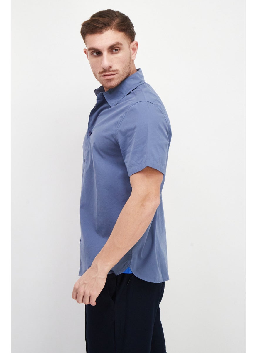 Men Regular Fit Short Sleeves Plain Casual Shirt, Stone Blue