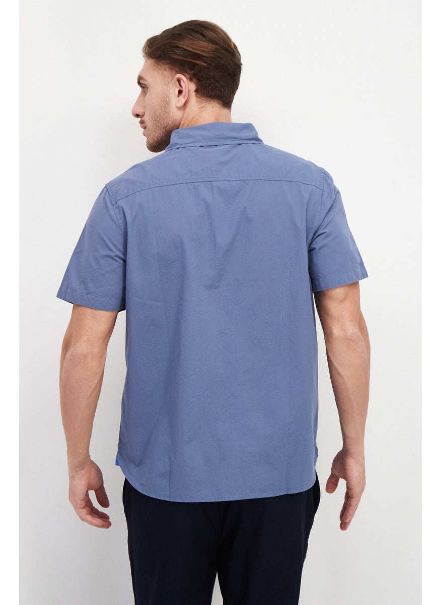 Men Regular Fit Short Sleeves Plain Casual Shirt, Stone Blue