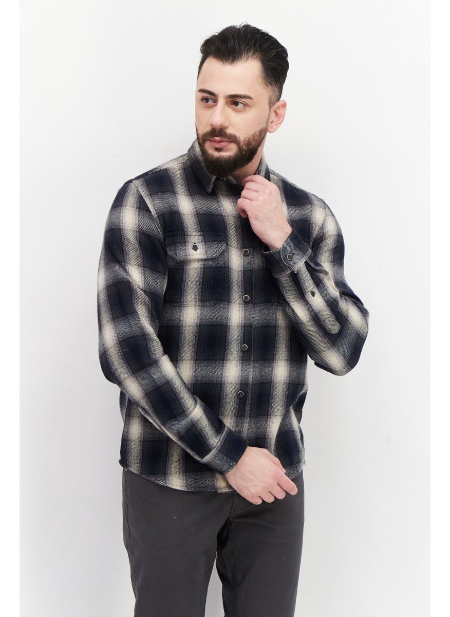 Men Regular Fit Pointed Collar Long Sleeve Plaid Casual Shirt, Navy/Beige Combo