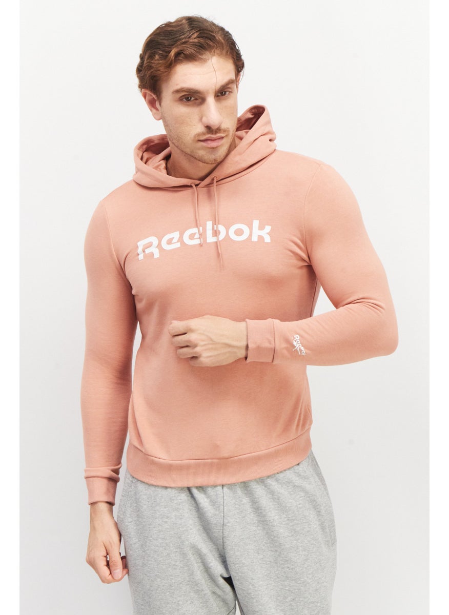 Men Sportswear Fit Brand Logo Drawstring Hoodies, Pink