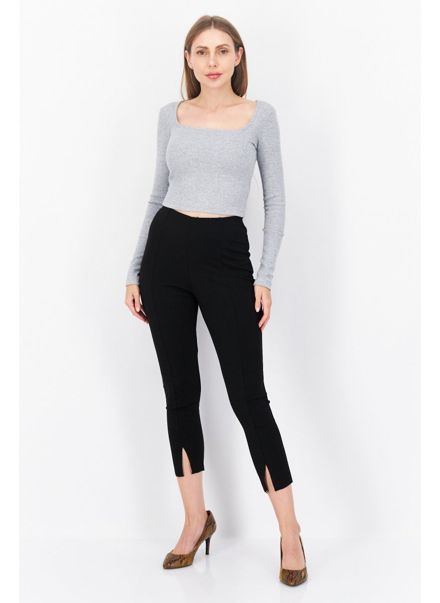 Women Square Neck Long Sleeve Blouse, Grey