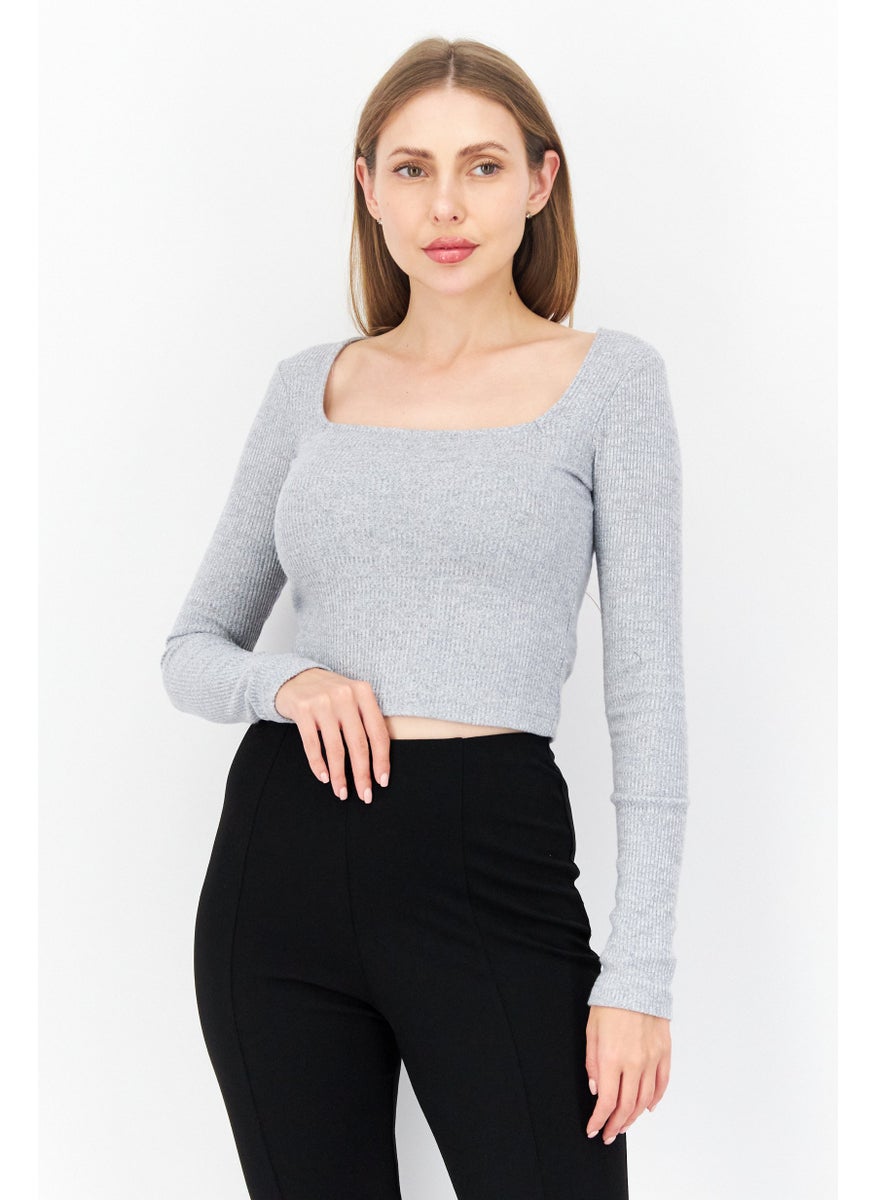 Women Square Neck Long Sleeve Blouse, Grey