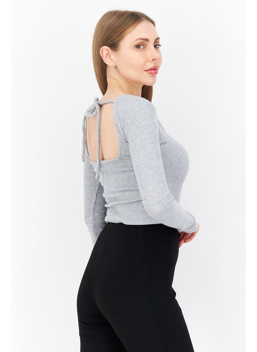 Women Square Neck Long Sleeve Blouse, Grey